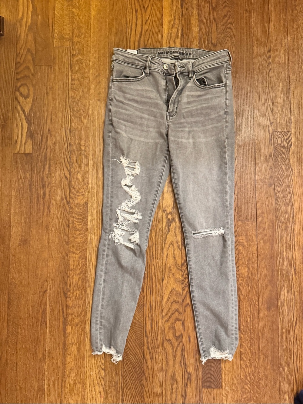 American Eagle Outfitters Gray Ripped Skinny Jeans with Frayed Ankles